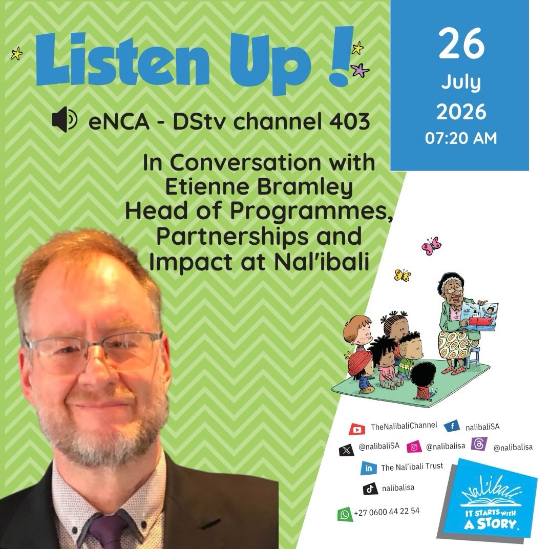 📺 Tomorrow on eNCA

South Africa’s literacy crisis needs urgent action.

Join Etienne Bramley, our Head of Programmes, Partnerships and Impact, in conversation with seasoned broadcaster @uvekarangappa on The South African Morning Weekend Edition on @encanews (DStv Channel 403). They’ll discuss the key findings from our 2025 Annual Report, why investing in children’s literacy matters, and how the power of stories is changing lives across South Africa.

🗓️ 26 July 2026
⏰ 07:20

Be part of this important conversation. Every child deserves the opportunity to become a reader.

#Nalibali #ItStartsWithAStory #Literacy #ReadingForEnjoyment #Storytelling